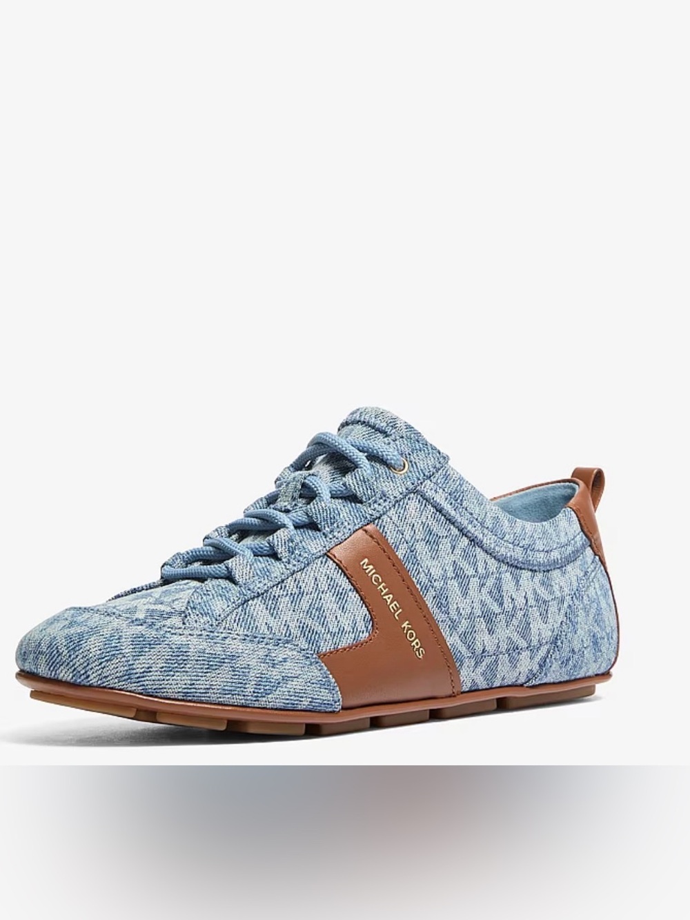 MICHAEL KORS, women’s LOGO, Light Blue Denim Lace-Up Trainer with Brown Accents
